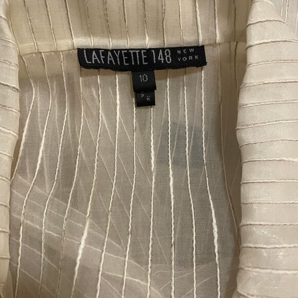 Lafayette 148 NY Silk Linen Sheer Blouse 10 | Neutral Stripe Button Shirt $400 - Picture 3 of 5